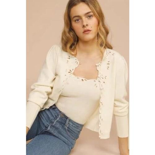 2021 Early Autumn New Soft Hollow Prickly Pleated Sleeve Long Sleeve Cardigan Sweater Women