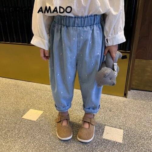 2021 New Korean Style Spring Girls Jeans Embroidery Elastic Waist Wide Leg Denim Pants Kids Clothes E251