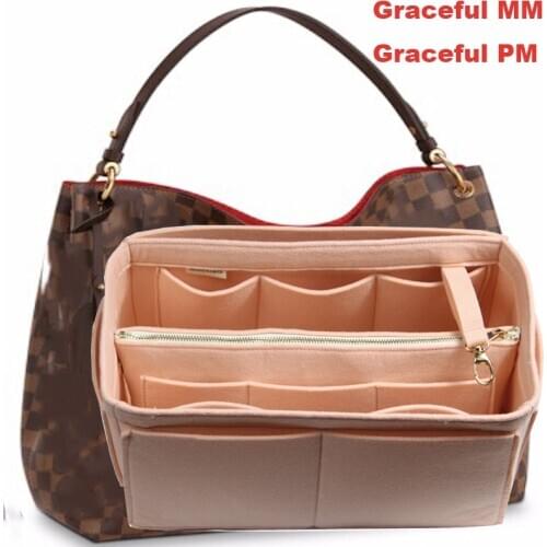 Fits Graceful MM PM Organizer Purse Insert Felt Tote Bag Organizer Pockets( Detachable Pouch w/Metal Zip)