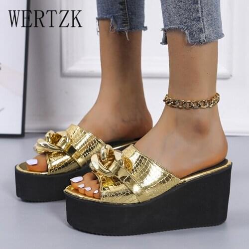 Slides Platform Wedge Sandals Metal Chain Peep Toe Womens Slippers Gold Silver Bright Leather Casual Women Shoes Stone Pattern