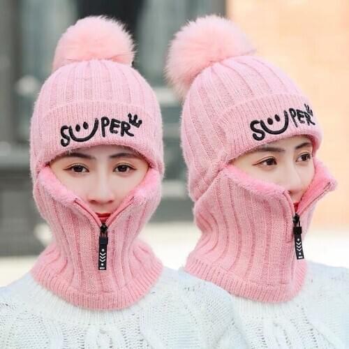 Hat Lady autumn winter knitted ear protection wool hat face mask warm with velvet thickened cycling head scarf body cap
