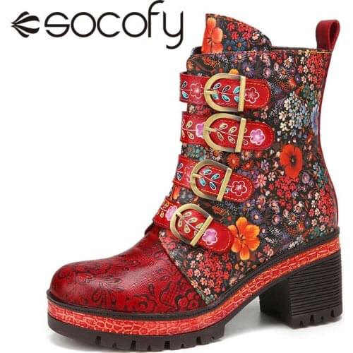 SOCOFY Women Boots Leather Retro Style Genuine Leather Floral Metal Buckle Warm Flannel Platform Ankle Boots Shoes 2020 Winter