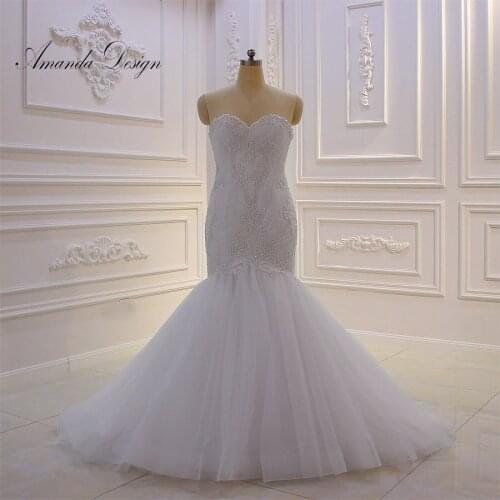 Amanda Design robe de mariage Lace Applique Beading Mermaid Strapless Pure White Wedding Dress