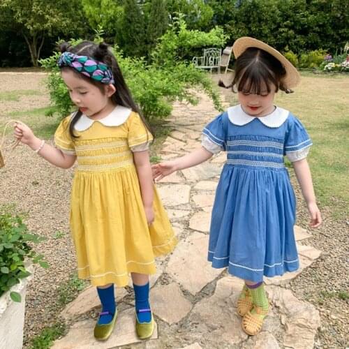 High-class court style doll collar retro handmade pleated girls dress summer baby girl clothes
