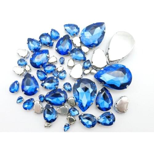 Silver claw setting lt sapphire crystal strass mix water drop shape 7 sizes flatback sew on rhinestone garment diy accessories