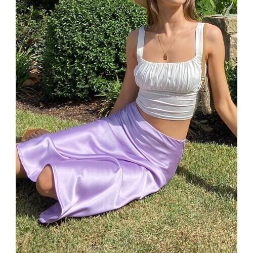 Bella Philosophy Summer glossy purple yellow satin trumpet high waist skirt Silver gold long skirt Metallic Color party skirt