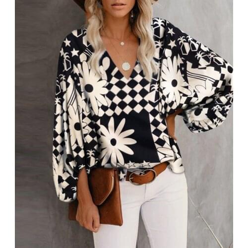 Vintage Print Women Blouse Shirt Summer V-neck Lantern Sleeve Pullover Tops Loose Casual Ladies Shirts Chemise Femme Blouses