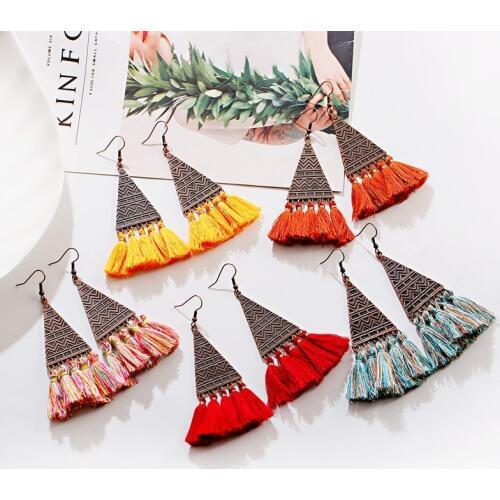Bohemian Dangle Drop Pink Red Tassel Fringe Earrings Summer Women Indian Triangle Earrings Jewelry Accessories