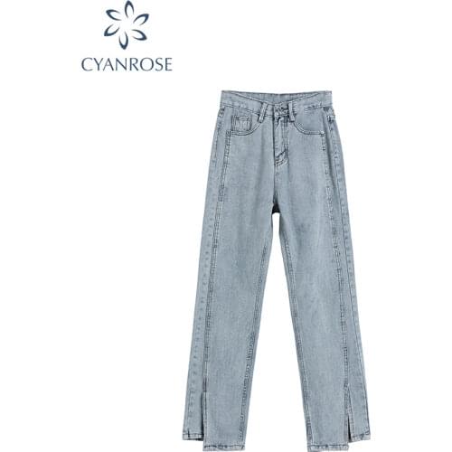 High Waist Jeans For Women Vintage Long Denim Pants Female All-match Korean Style Vintage Casua Solid Denim Straight Trousers