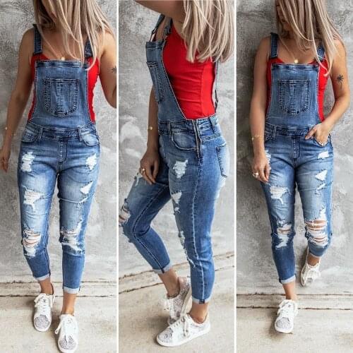 Women Sexy Ripped Hole Denim Jumpsuit Ladies Autumn Fashion Loose Jeans Rompers Vintage Casual Plus Size Pocket Overall Playsuit