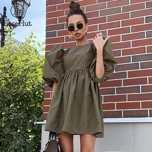 EaseHut Women Fashion Dress Lantern Half Sleeve A Line Loose O-Neck Mini Dress Summer Solid Dress Women 2021 Summer Green