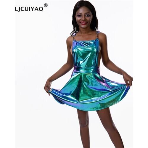 LJCUIYAO Glitter Laser Holographic A-Line Dress Women Backless Cross Buckle Spaghetti Strap Pleated Bandage Club Wear Dresses
