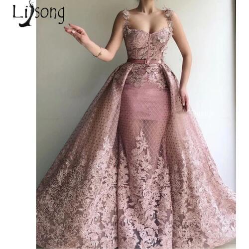 Rose Pink Overskirts Mermaid Evening Dress Spaghetti Strap Lace Appliques Chic Prom Dresses with Detachable Train Formal Gown