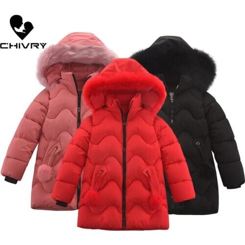 2020 Childrens Parka Winter Warm Solid Down Jackets Kids Girls Faux Fur Collar Hooded Cotton Padded Long Coat Thicken Outerwear