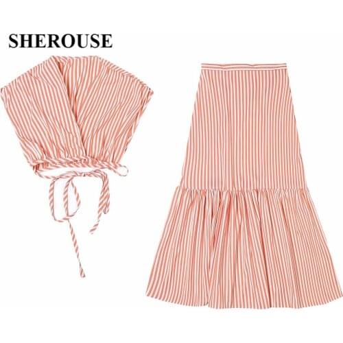 2021 New Summer Women Two Piece Set Striped Cropped Tops & Midi Skirt Fashion Casual Woman Suit