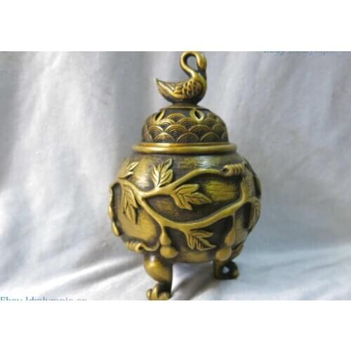 8" China brass fine incense burner carved duck cucurbit lucky censer Statue