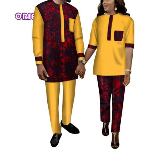 African Couple Clothes Women Men Tops and Pants Set African Print Cotton Shirts Suits Bazin Riche African Lover Clothing WYQ262