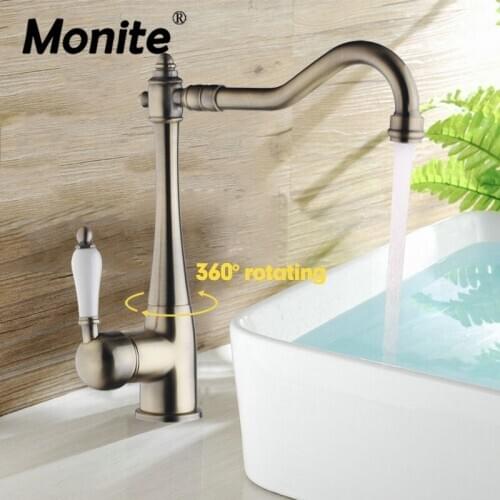 Antique Brass 360 Swivel Faucet Hot & Cold Mixer Basin Sink Kitchen Taps Stream No Pull Out Spout