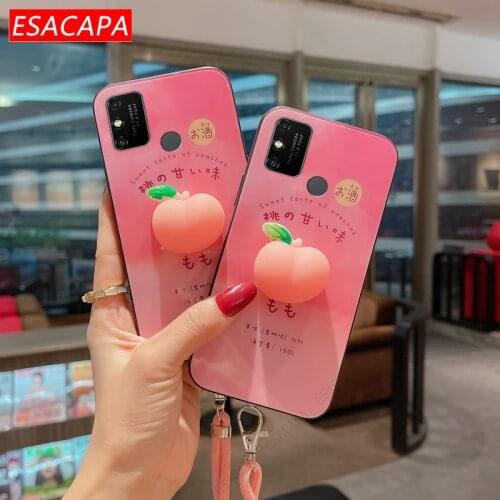 Cute 3D Peach Relieve Stress Tempered Glass Phone Case For Huawei Honor 9A 9C 9X Lite Note 10 8X Max V8 Lanyard Necklace Cover