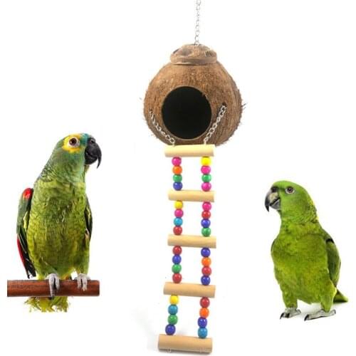 Pet Parrot Gray Coconut Shell Bird Hanging Climbing Ladder Nest House Hut Cage Feeder Total Diameter 12cm Leisure Decorations
