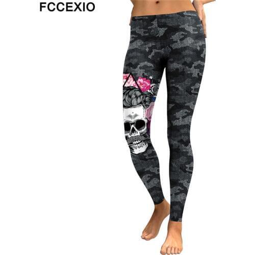 FCCEXIO VIP 2019 New Arrival Skull Head Women Leggings Letter Gradient 3D Printed Pants Slim Fitness Working Out Woman Leggins