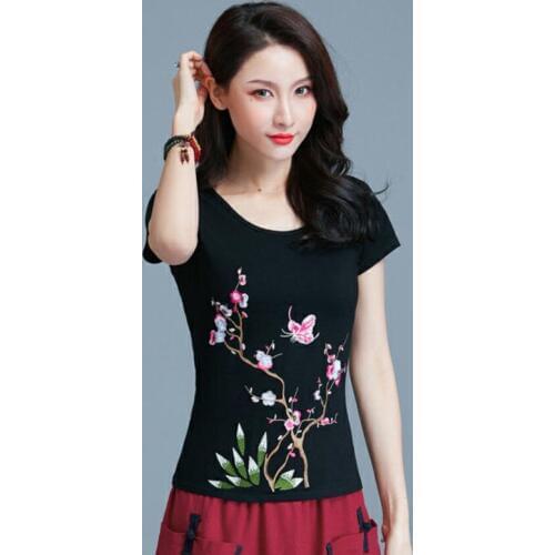 100% Cotton T Shirt Women 5XL Plus size T shirt Vintage Floral Embroidery High quality Solid color Basic Ladies Tops Casual