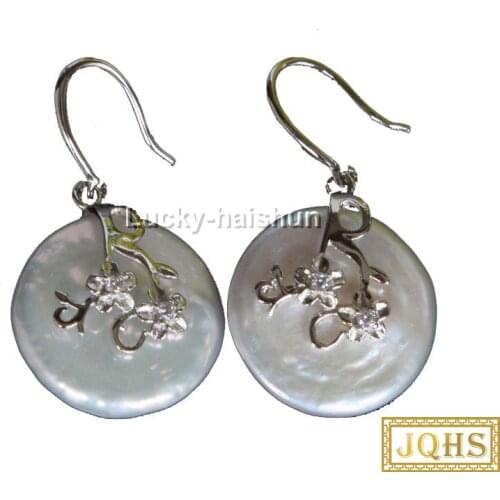 JQHS Super Luster 20mm Dangle coin bleb fastener white pearls Earrings 925 silver hook j13109
