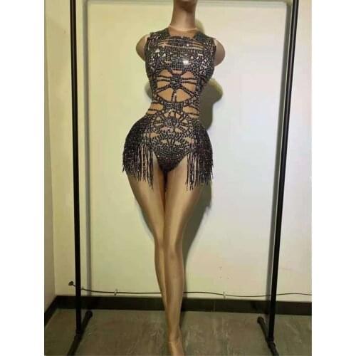 Black Fringe Rhinestone Spandex Bodysuit Women Dancer Singer Sleeveless Jazz Stage Wear Birthday Bar Prom Tassel Clothes