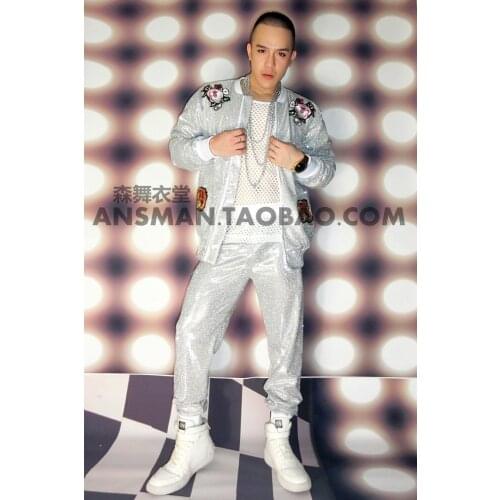 Personality Cool Fashion pattern silver gray Baseball casual jacket pants costumes Nightclubs male singer DJ stage clothing set