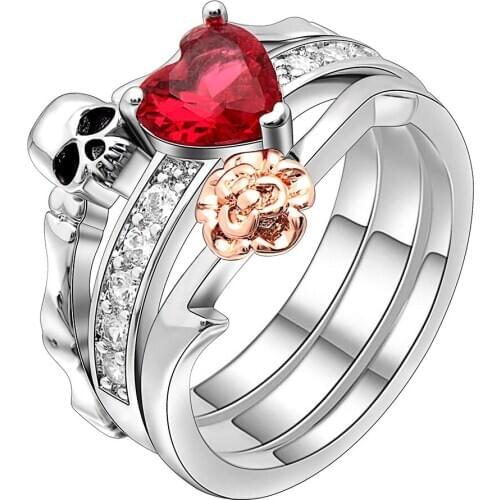 Red Zircon Heart Stone Evil Skull & Flower Rings Sets Silver Plated Black Gold Punk Skeleton Rings For Women Party Fashion Gift