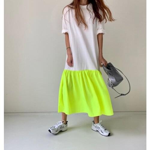 Short sleeve Summer Dress for Women Fashion Korean Patchwork Hit color Maxi Dresses Casual Dress Girls 2021 New