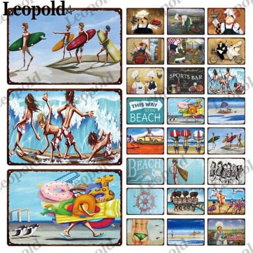 Metal Plaque Beach Series Wall Stickers Surf Beach Tin Label Metal Poster Wall Art Restaurant Home Decoration