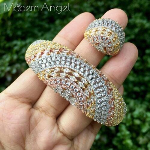 ModemAngel Luxury Cubic Zirconia Women Wedding Party Bangle Bracelet and Rings Sets Bridal Costume Jewelry