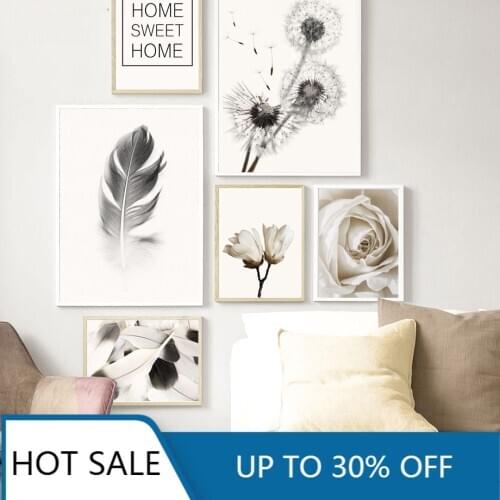 Wall Art Canvas Painting Posters Nordic Black White Dandelion Feather Rose Flower Wall Decor Pictures For Home Room Decor