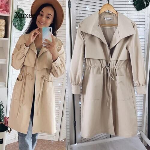 New Women Trench Long Section Solid Color Coat Light Weight Casual Ladys Windbreak Collection