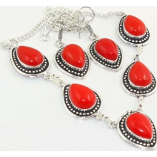 Red Coral Necklace Earing Silver Overlay over Copper , 48 cm, N3034