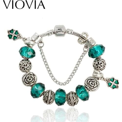 VIOVIA Fashion Antique Silver Color Green Clover Charm Jewelry For Women Gift DIY Beads Jewelry Fit Original Bracelets B15256