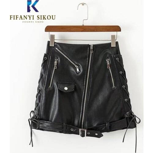 High Waist Pu Leather Skirts Women Sash Zipper A-Line Mini Skirt Autumn Streetwear Black Biker Faux Leather Short Skirts Female