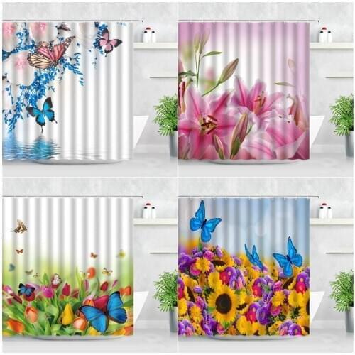 Rural Scenery Floral Shower Curtain Set Blue Butterfly Yellow Sunflower Purple Flowers Modern Bathroom Decor Hooks Bath Curtains