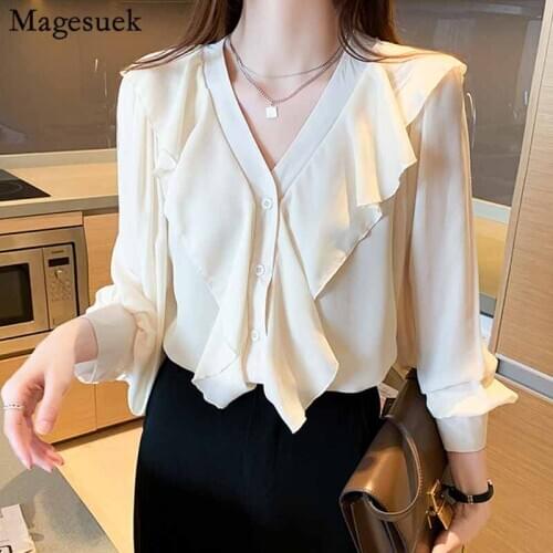 Women Long Lantern Sleeve Slim Fit Cardigan Shirts 2020 Autumn Korean Style Solid Color V-neck Ruffled Blouse Blusas Mujer 11458