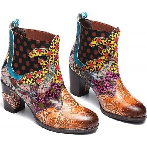 Ladies Ankle Boots Winter Plus Size Patchwork PU Printed Female High Heel Fashion Slip On Plush Martin Boots