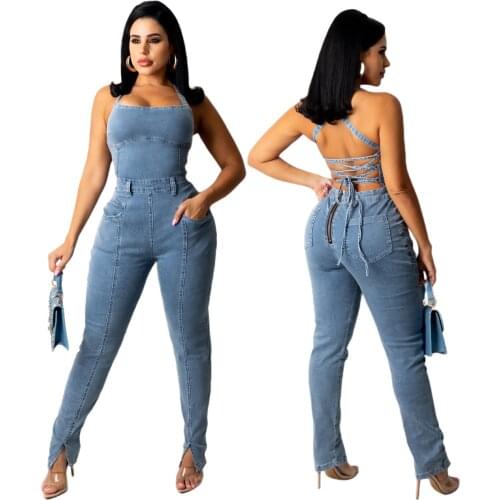 Denim Strap Women Long Jumpsuit Bodycon Sexy Streetwear Fitness Sportswear 2021 Summer Clothes Lounge Wear Club Outfit Body