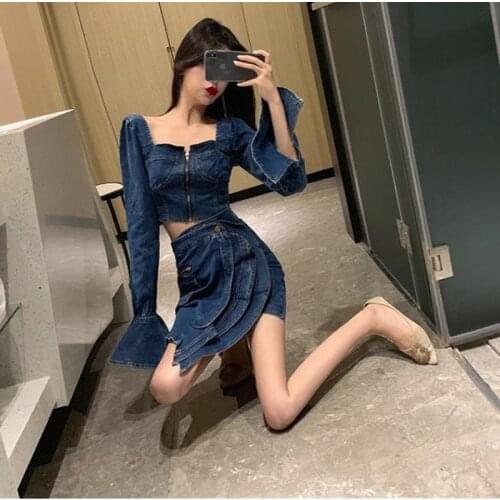 2020 Autumn Winter Vintage Long Sleeve Square Collar Short Denim Top Irregular Mini Skirt Two Piece Set Women