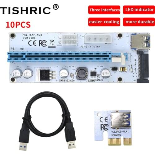 TISHRIC 10PCS 3 In 1 VER008S Riser Card PCI Express 1X To 16X Extender Adapter PCIE PCI-E Graphics Extension Cable Miner Mining