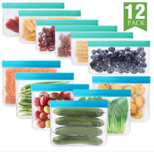 12 Pieces/Set Of PEVA Food Silicone Fresh-keeping Bag Refrigerator Food Storage Bag Fruit And Vegetable Food Sealed Bag Reusable