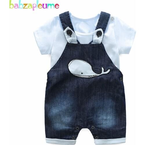2Piece/2020 Summer Newborn Baby Boys Clothes Short Sleeve Cotton Bodysuit+Cartoon Cute Denim Overalls Infant Clothing Set BC1725