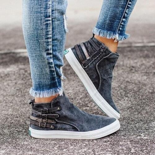 2020 Women Ankle Gladiator Denim Flats Autumn Flat Shoes Fashion Woman Sneaker Causl Zipper Female Shoes Plus Size