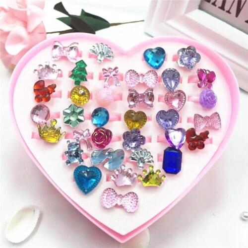 36Pcs Ring Toy Girls Kids Cartoon Flower Resin Rhinestone Rings Toy Set Jewelry Box Gift Resin cartoon ring childrens ring gift