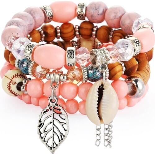 4pcs/set Leaf shape alloy pendant beads bohemian bracelets women wristband bangles for party