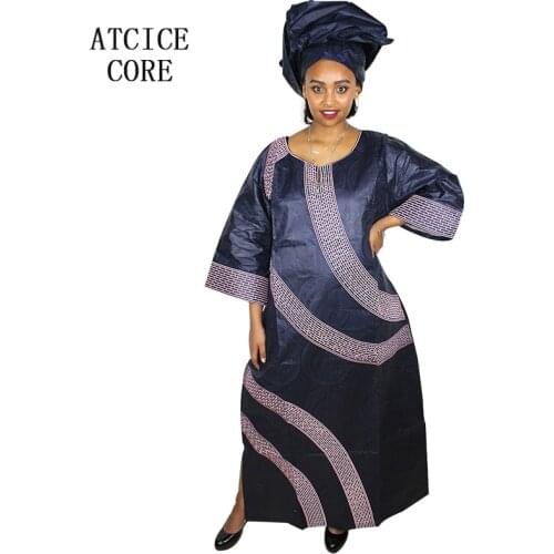 AFRICAN BAZIN RICHE EMBROIDERY DESIGN LONG DRESS WITH SCARF A175